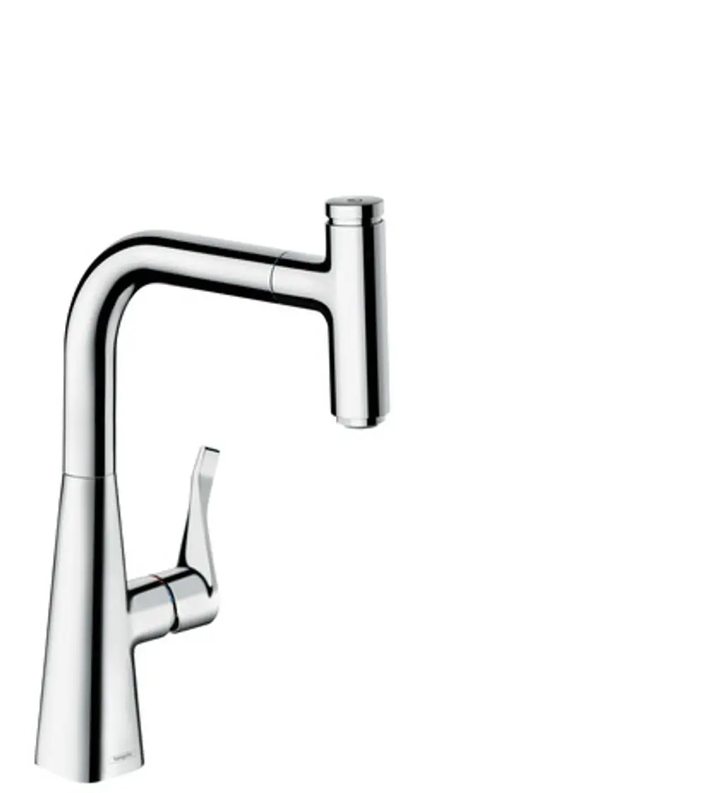 Chromfarbener Spültischmischer von Hansgrohe mit Ausziehauslauf und einfacher Bedienung, geeignet für Küchenspülen.